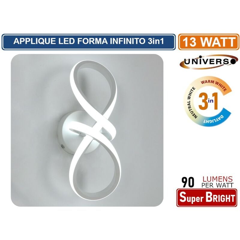 foto del prodotto applique lampada led forma ad infinito motaggio a parete 13w colorazione luce 3in1 cct 3000k 4000k 6500k