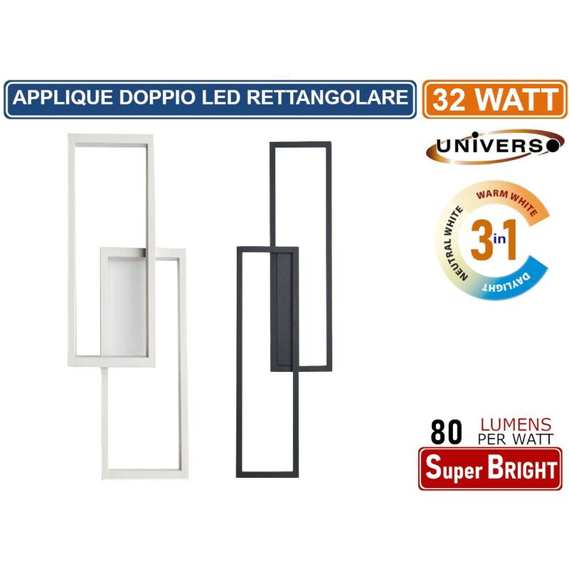 foto del prodotto applique lampada led rettangolare motaggio a parete 32w colorazione luce 3in1 cct 3000k 4000k 6500k colore nero