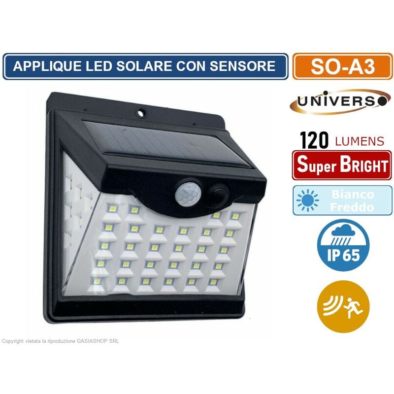 foto del prodotto applique lampada smd led per esterno ip65 con pannello solare e sensore di movimento 120 lumen
