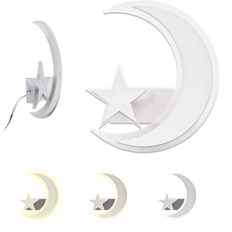 foto del prodotto applique led 11w per interno, lampada da parete luna e stella, 3 colori regolabili, 3000k 4000k 6500k, design moderno, perfetta per camere da letto e