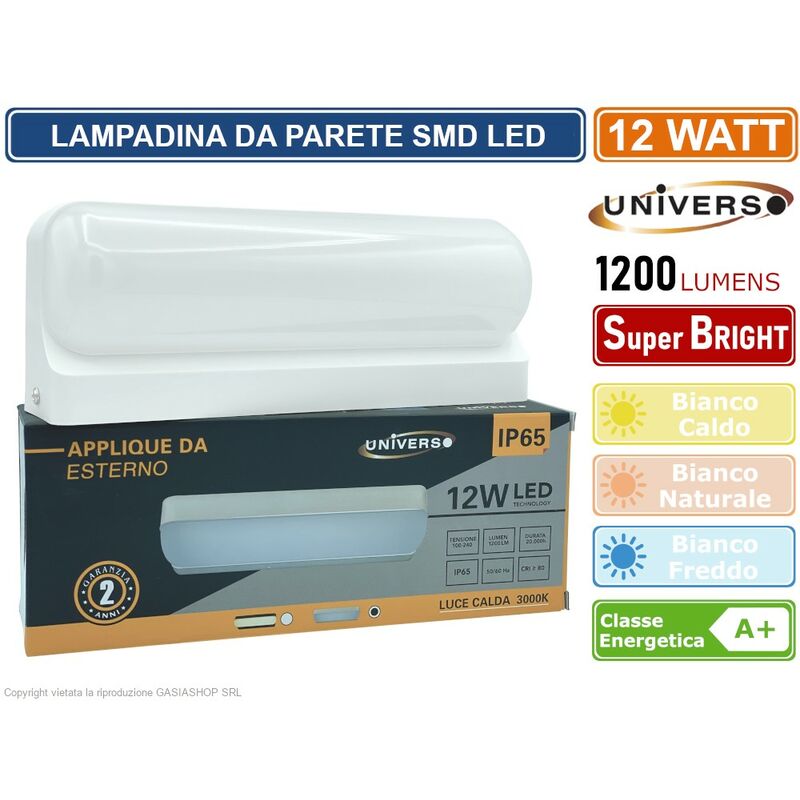foto del prodotto applique led bianca 12w lampada impermeabile ip65 da parete a muro rettangolare giardino ingresso 230v luce calda 3000k naturale 4000k fredda