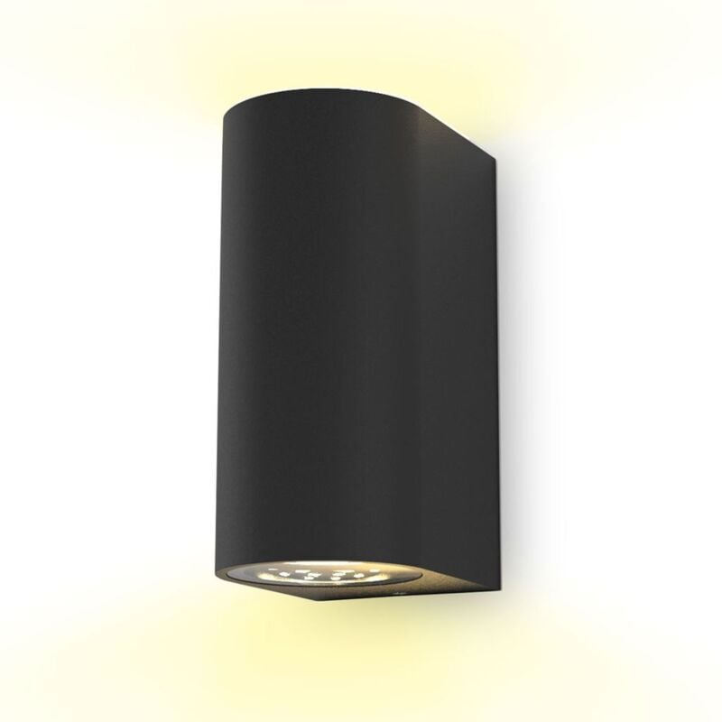 foto del prodotto applique led da esterno ip44 nero moderno con 2 gu10 5w 400lm, luce bianca calda 3000k, luce verso l alto e verso il basso, impermeabile, doppio