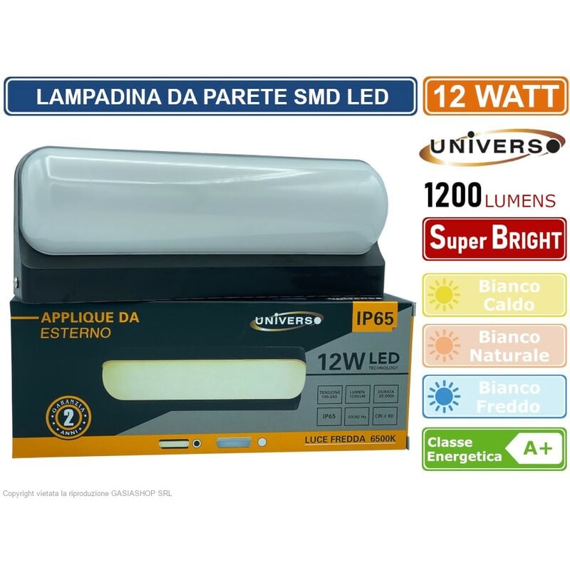 foto del prodotto applique led nera 12w lampada impermeabile ip65 da parete a muro rettangolare giardino ingresso 230v luce calda 3000k - naturale 4000k - fredda 6500k - colore luce: bianco freddo