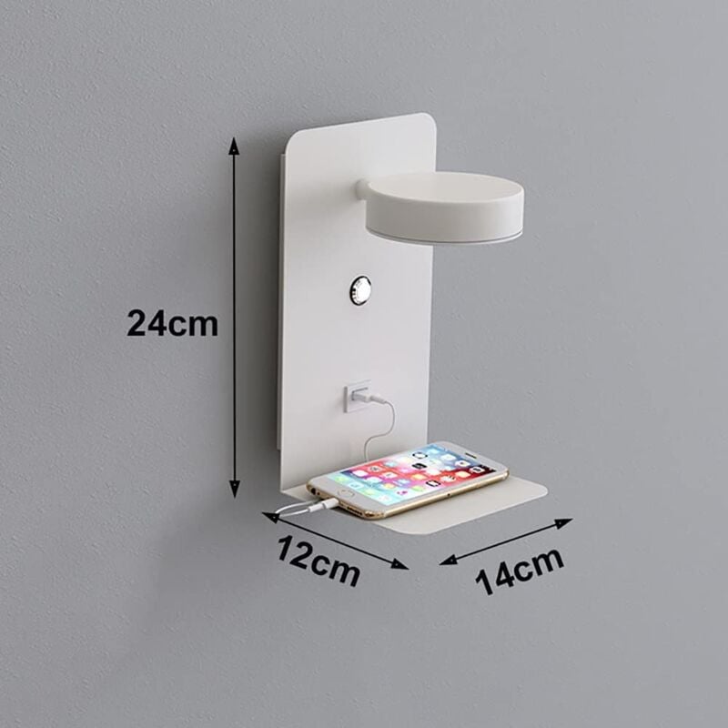 foto del prodotto applique led per interni con porta usb applique moderna 12w tricolore dimmerabile con interruttore applique da lettura lampada da comodino girevole a