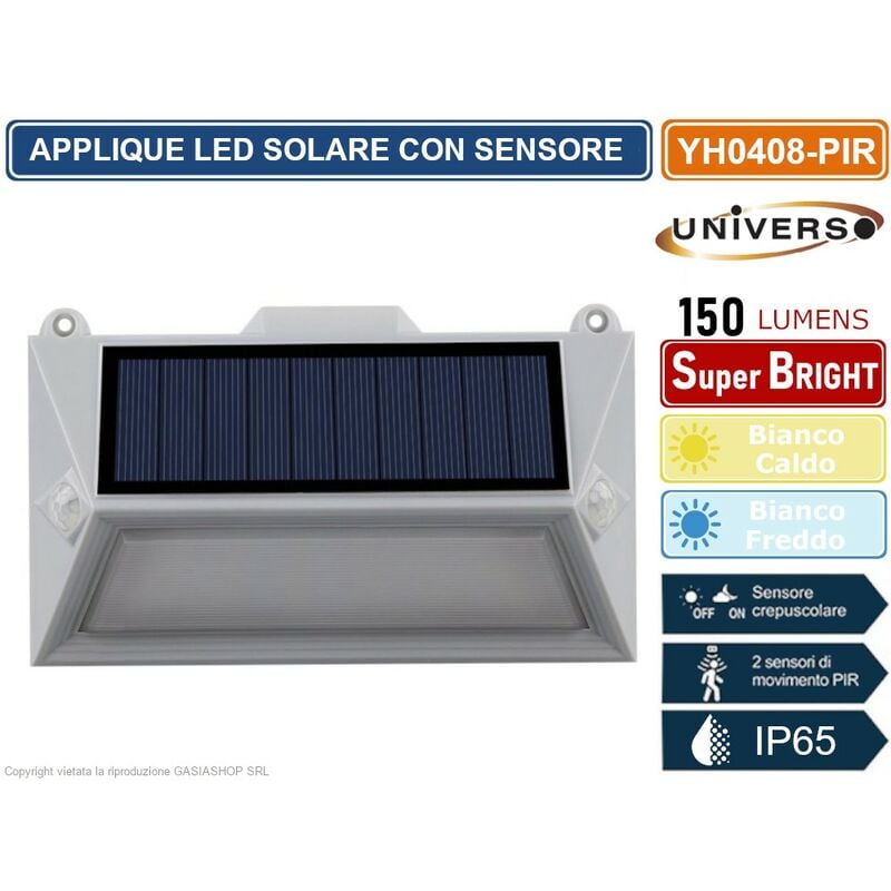 foto del prodotto applique led ricaricabile 3.6w con pannello solare con doppio sensore di movimento e crepuscolare ip65 - colore luce bianco caldo