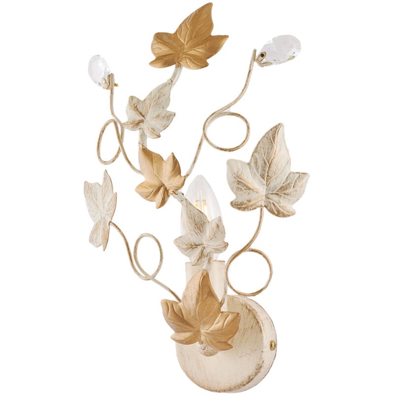 foto del prodotto applique shabby edera 1 luce ferro battuto avorio e oro con foglie e cristalli