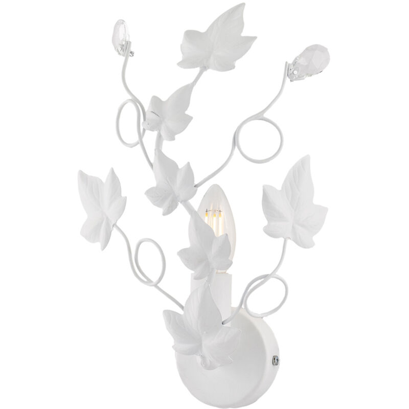 foto del prodotto applique shabby edera 1 luce ferro battuto bianco con foglie e cristalli
