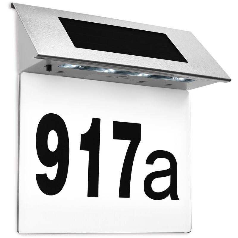 foto del prodotto applique solare a led per esterni in acciaio inox con numero civico 4 e adesivi con numeri e lettere