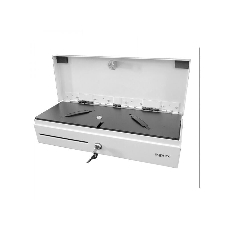 foto del prodotto approssimativamente cassetto portadenaro elettrico compatto 14 scomparti apertura manuale e automatica connessione rj11 colore bianco