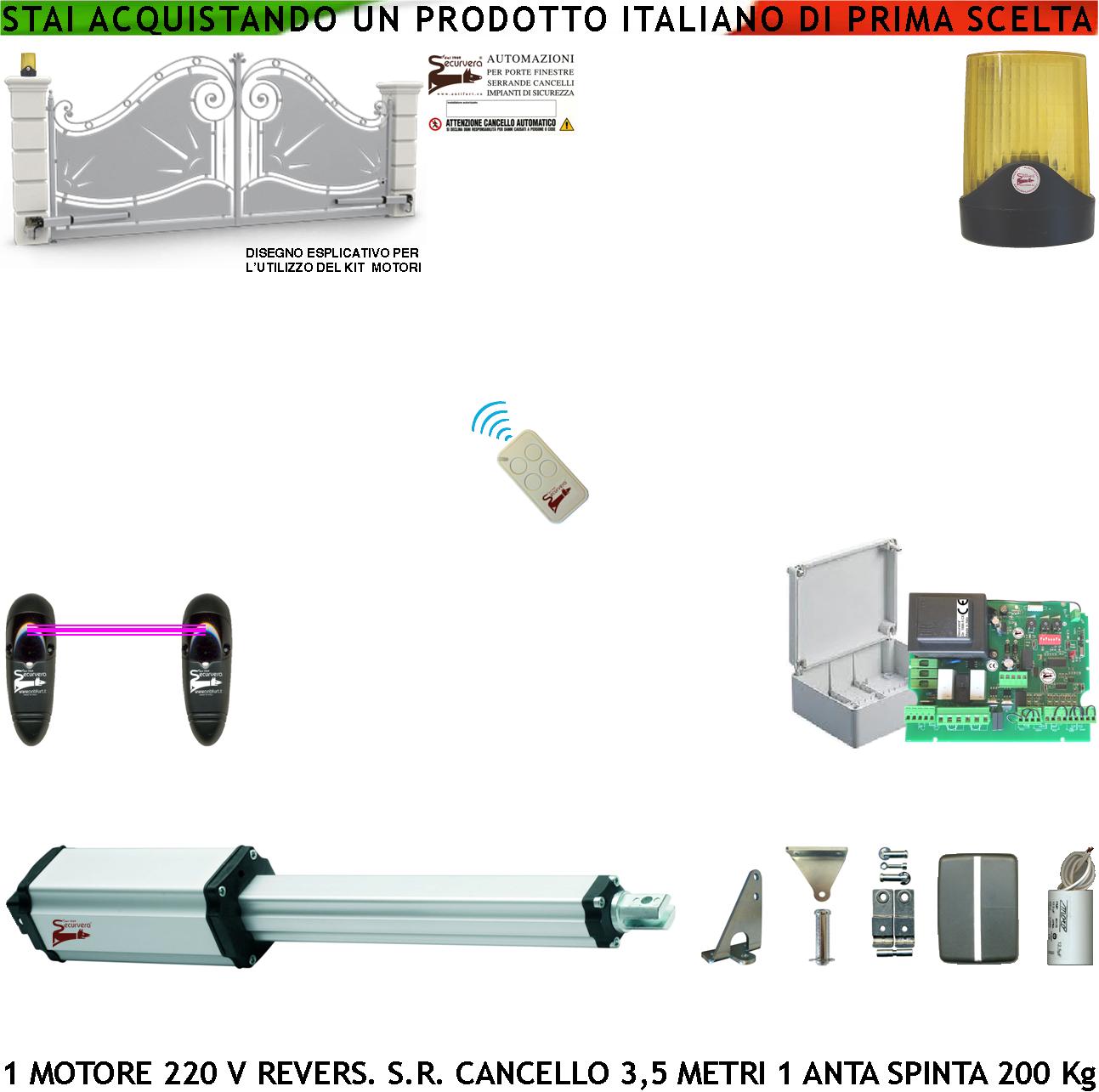foto del prodotto apricancello elettrico kit base ricambio cancello 7 mt anta da 3,5 metri motore elettromeccanico 230 v stelo retrattile reversibile corsa 600 mm spinta 250 kg centrale fotocellule 1 radiocomando faro