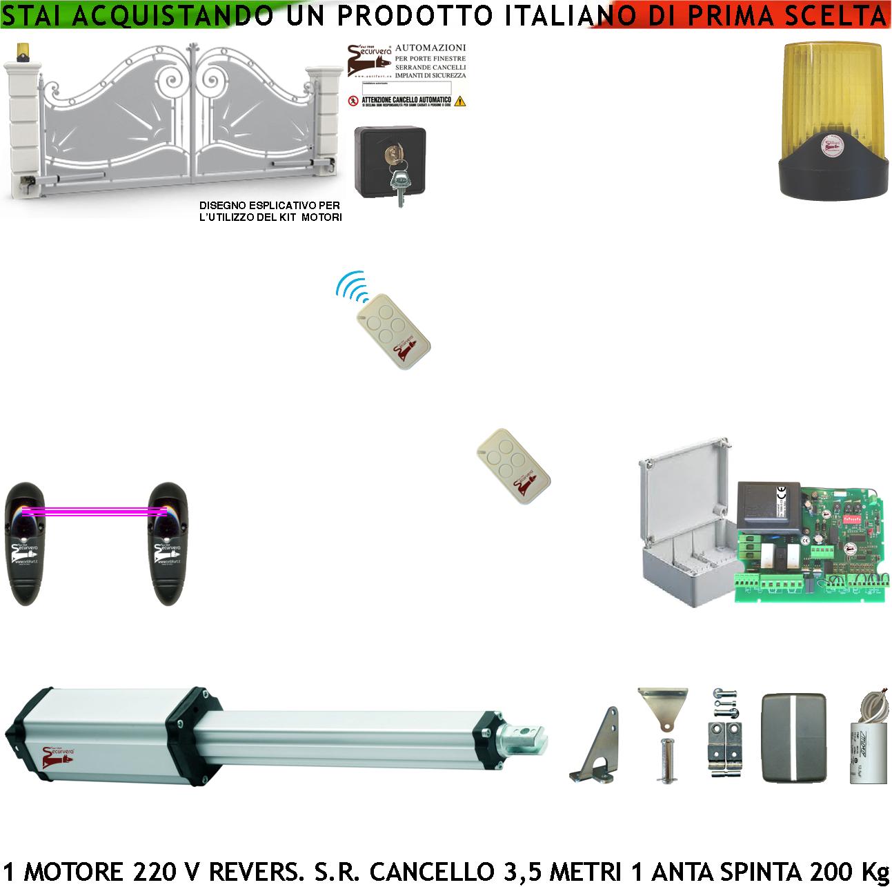 foto del prodotto apricancello elettrico un anta 3,5 metri kit base ricambio motore elettromeccanico 230 v stelo retrattile reversibile corsa 600 mm spinta 250 kg centrale fotocellule 2 radiocomandi faro selettore 2 ck