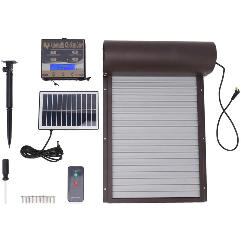 foto del prodotto apriporta automatico per pollaio alimentato ad energia solare con sensore di luce, timer e telecomando, marrone