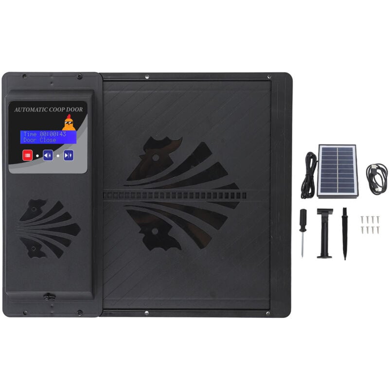 foto del prodotto apriporta automatico per pollaio usb alimentato ad energia solare con display led programmabile con timer 3 modalità di alimentazione tipo aperto