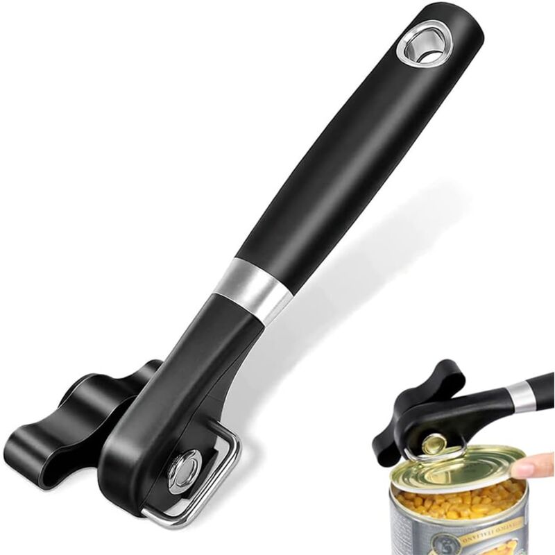 foto del prodotto apriscatole manuale di sicurezza, apriscatole manuale con apribottiglie, apriscatole senza bordi taglienti, incisioni laterali piatte, adatto per