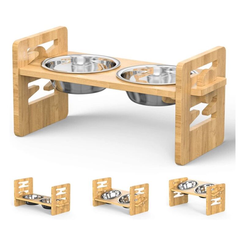 foto del prodotto aqrau supporto per ciotola in bamb per cani e gatti, regolabile in altezza e inclinabile in gradi, con 2 ciotole in acciaio inox in legno naturale