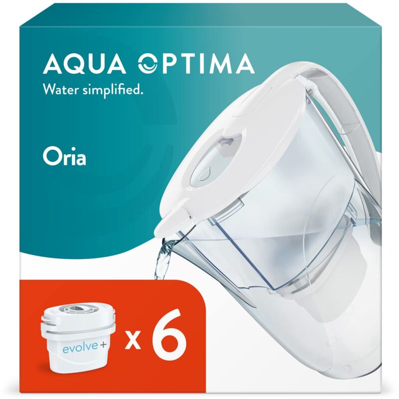 foto del prodotto aqua optima oria caraffa filtro acqua e cartucce filtro acqua 6 x 30 giorni evolve , capacit 2,8 litri, per riduzione di microplastiche, cloro,