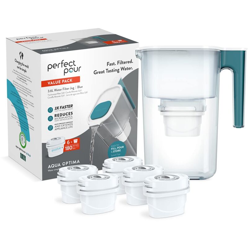 foto del prodotto aqua optima perfect pour caraffa filtro acqua e cartucce filtro acqua 6 x 30 giorni evolve , capacit 3,6 litri, per riduzione di microplastiche,