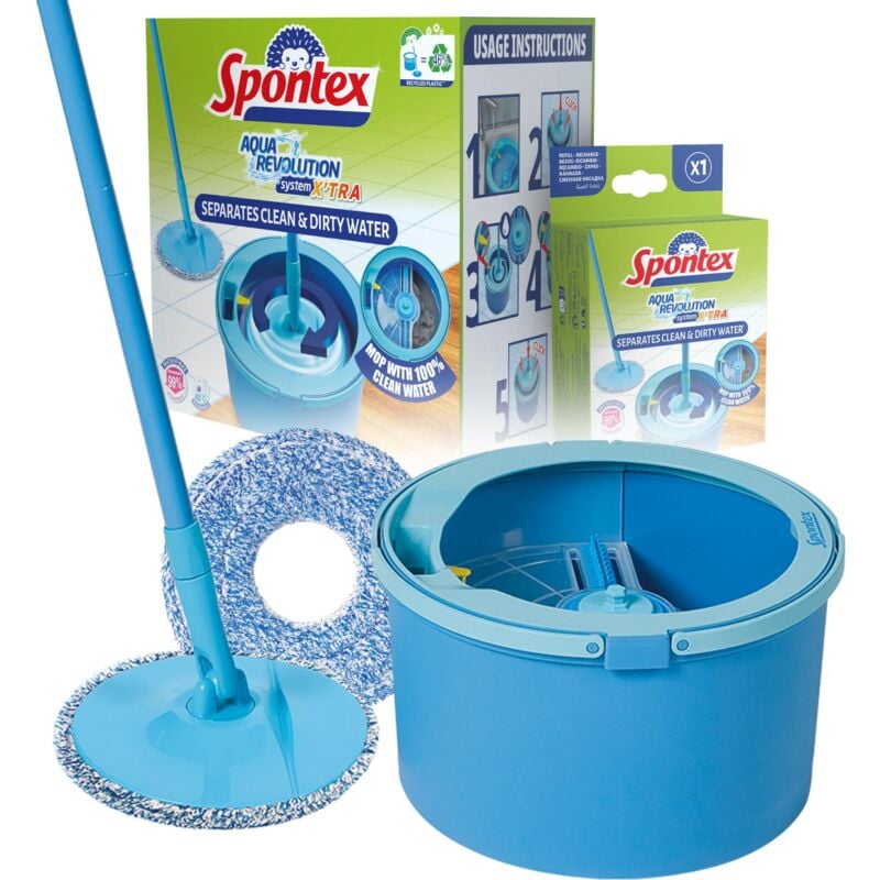 foto del prodotto aqua revolution system, set mop e secchio, separa l acqua sporca da quella pulita, pulisce pavimenti in laminato, legno e piastrelle, mop piatto con