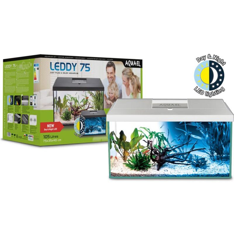 foto del prodotto aquael aquarium set leddy 75 day night acquario cm75x35x40h completamente accessoriato colore bianco