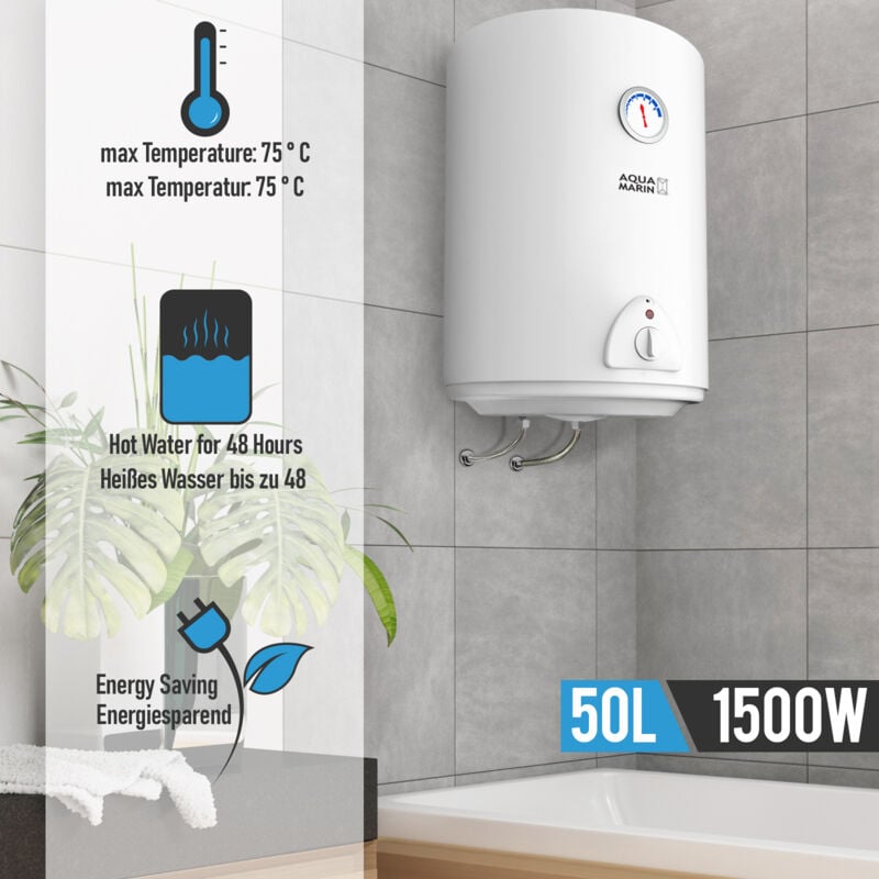 foto del prodotto aquamarin scaldabagno elettrico 50 litri, 220 240v, 1.5kw, anticalcare, temp max. 75 c, verticale, serbatoio in acciaio smaltato, bianco scalda
