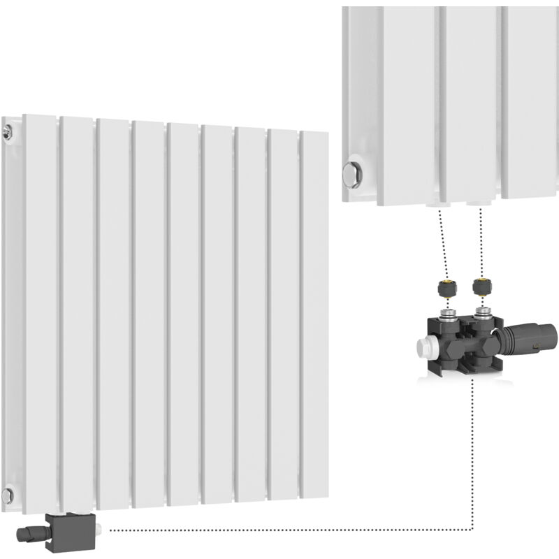 foto del prodotto aquamarin termosifone orizzontale, valvola termostatica, 600x614x69 mm, acciaio, doppio strato, 18 colonne, bianco termosifoni moderni,