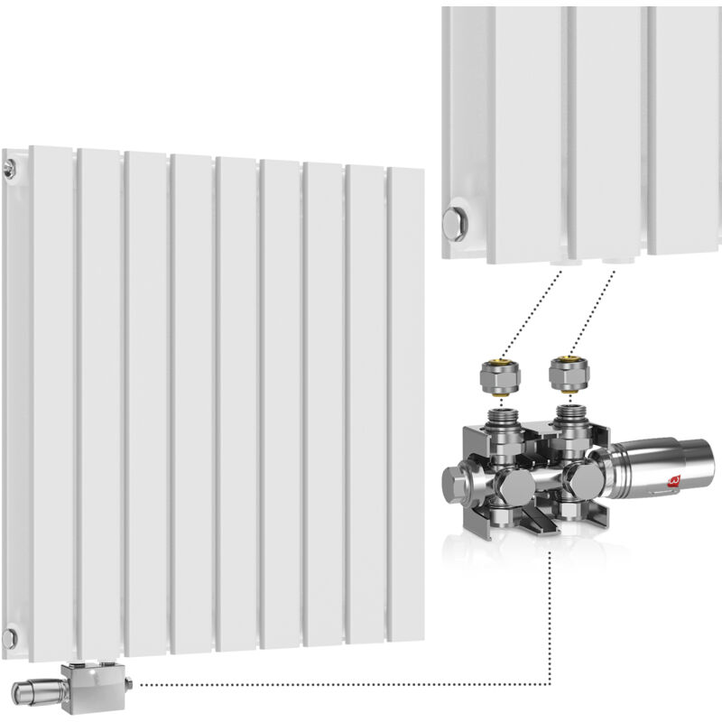 foto del prodotto aquamarin termosifone orizzontale, valvola termostatica, 600x614x69 mm, acciaio, doppio strato, 18 colonne, bianco termosifoni moderni,