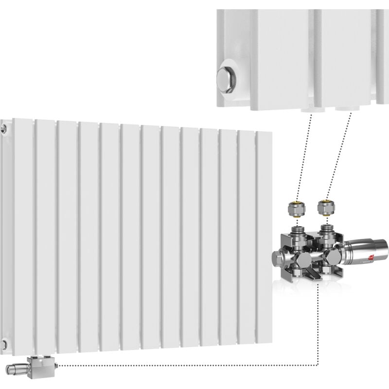 foto del prodotto aquamarin termosifone orizzontale, valvola termostatica, 600x886x69 mm, acciaio, doppio strato, 26 colonne, bianco termosifoni moderni,