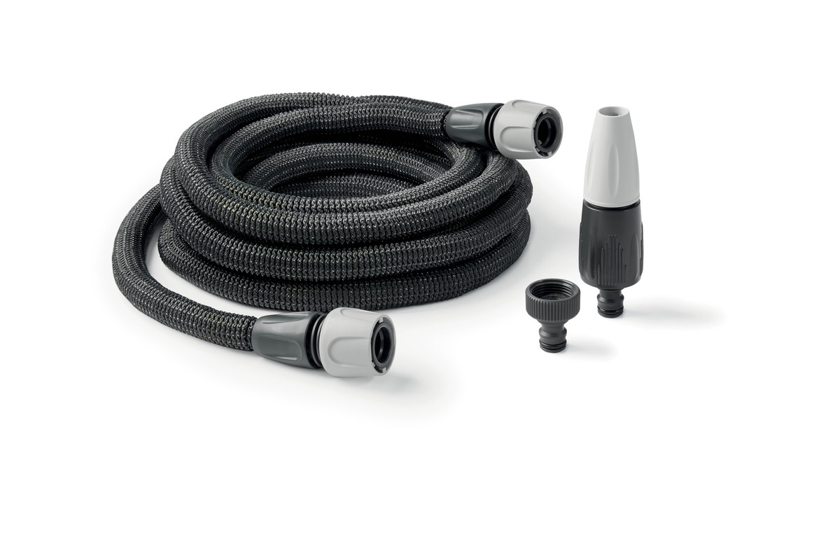 foto del prodotto aquapop grey easy 20,20m tubo auto estensibile in tessuto,mini lancia,raccordi,color grigio antracite,made in italy
