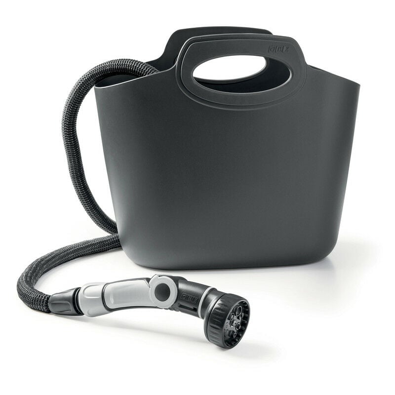 foto del prodotto aquapop grey limited edition, 25 metri di tubo auto estensibile in tessuto, in kit con borsa in plastica, lancia 8 getti e raccordi, colore grigio