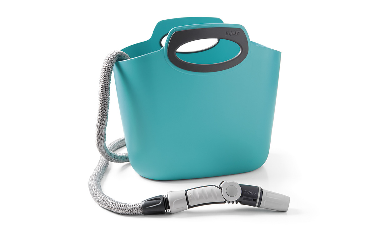 foto del prodotto aquapop maxi azzurro, 30m tubo estensibile da giardino,kit con borsa in plastica,lancia,presa rubinetto,raccordi