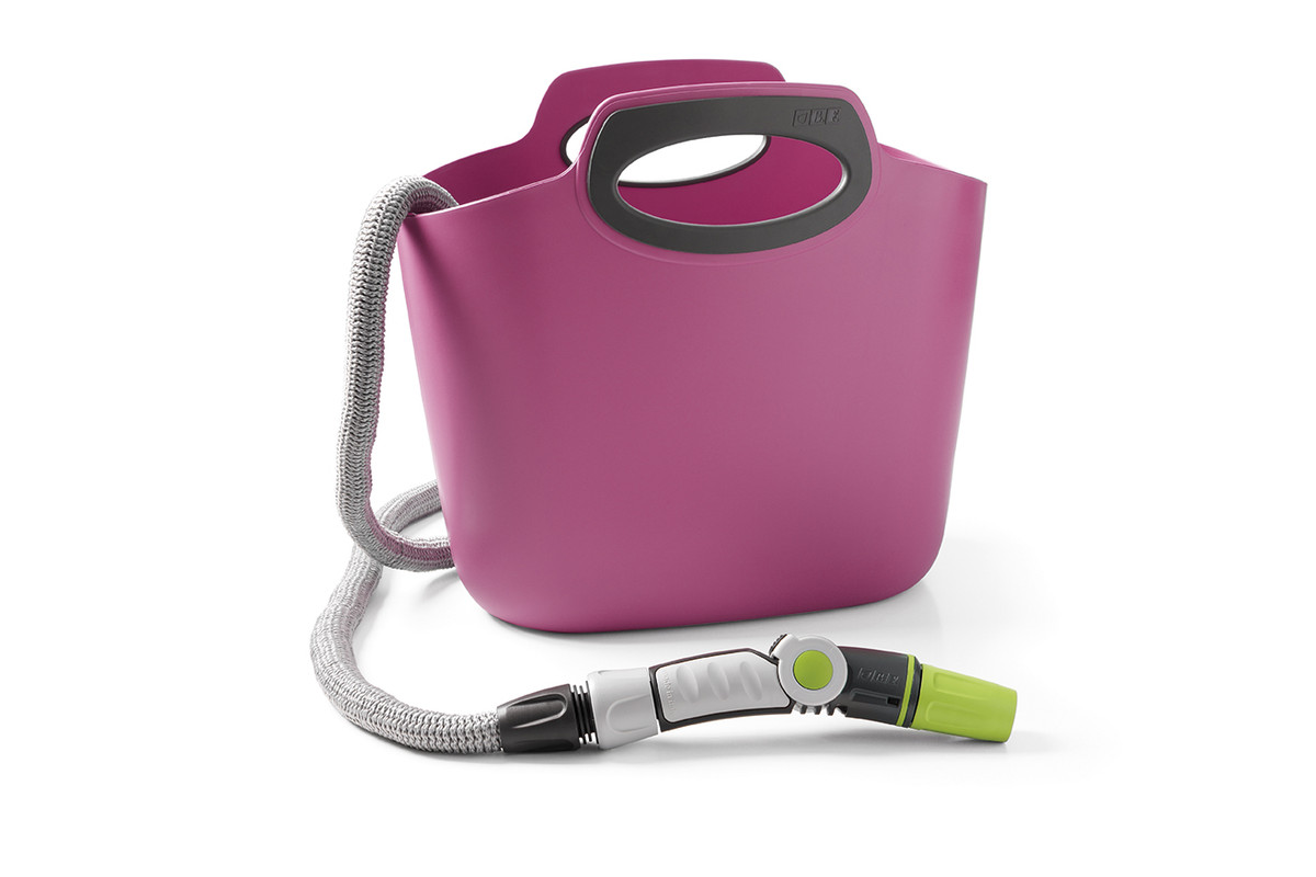 foto del prodotto aquapop maxi fucsia, 30m tubo estensibile da giardino,kit con borsa in plastica,lancia,presa rubinetto,raccordi