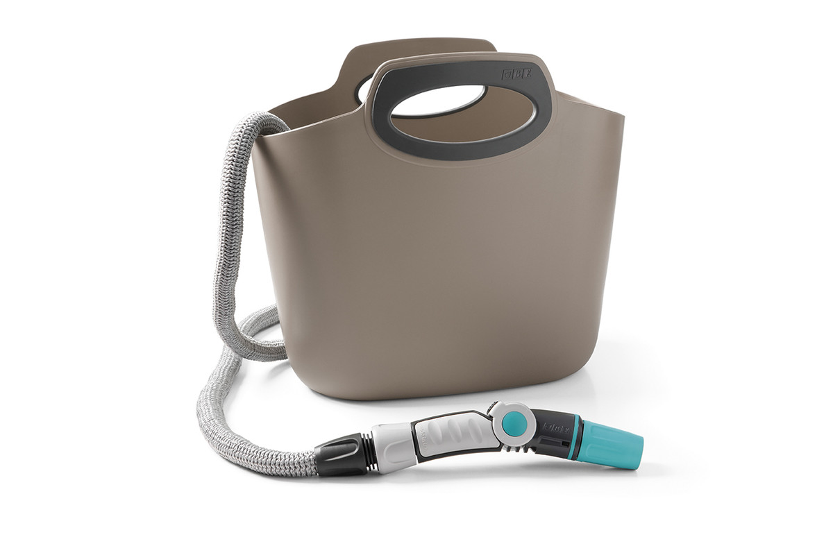 foto del prodotto aquapop maxi tortora,30m tubo estensibile da giardino,kit con borsa in plastica,lancia,presa rubinetto,raccordi