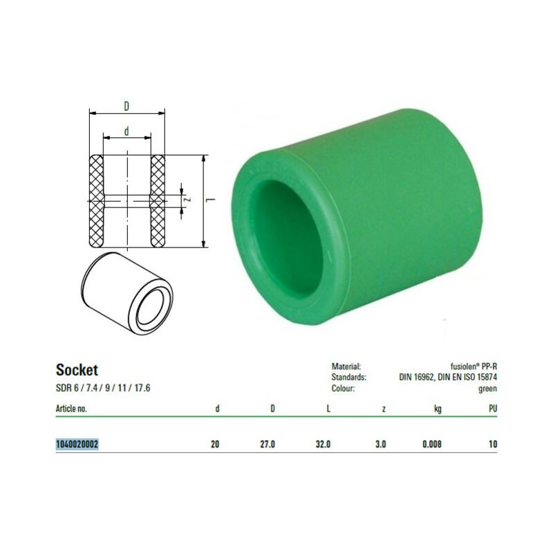 foto del prodotto aquatherm manicotto verde diametro 20mm attacchi f f per sistemi 1040020002