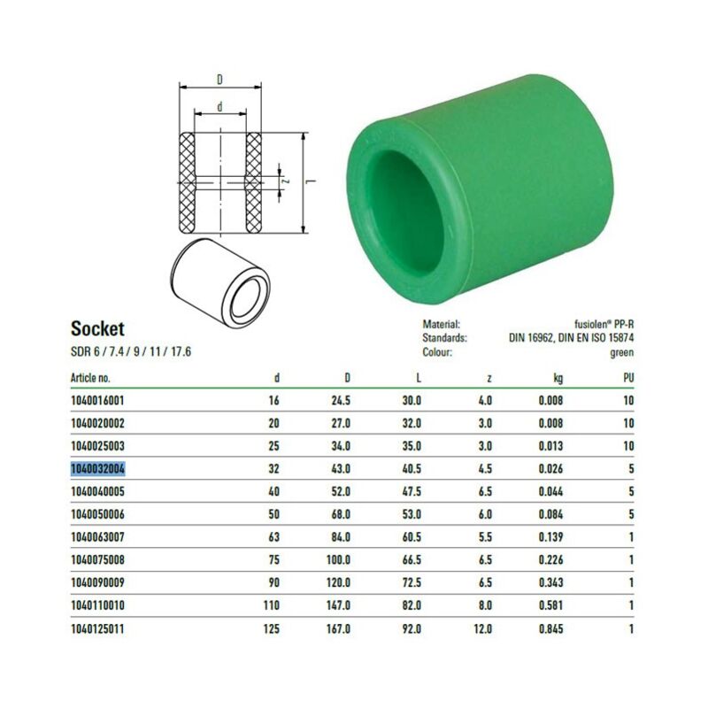 foto del prodotto aquatherm manicotto verde diametro 32mm attacchi f f per sistemi 1040032004