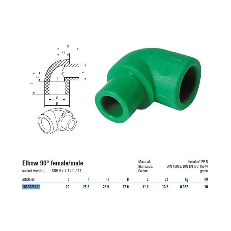 foto del prodotto aquatherm raccordo a gomito 90 gradi con attacchi m f 20mm acquatherm 1080020061