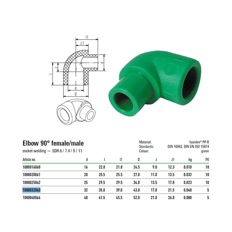 foto del prodotto aquatherm raccordo a gomito 90 gradi con attacchi m f 32mm acquatherm 1080032063