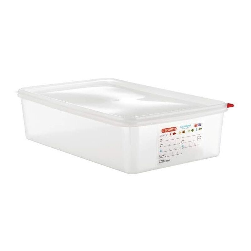 foto del prodotto araven 03354 pp contenitore per alimenti con coperchio, gn 1 1, 13.7 l, 100 mm, manico confezione da 4 ,