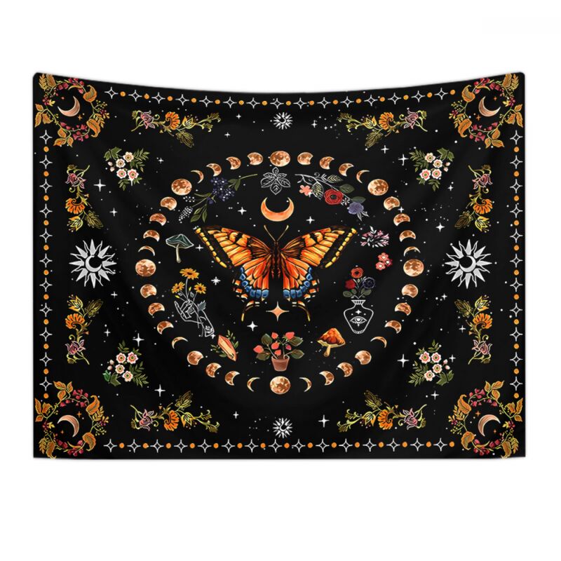 foto del prodotto arazzo con farfalla arancione, luna e fiori, stile botanico, floreale, boh mien, da appendere alla parete, per camera da letto, arazzo estetico