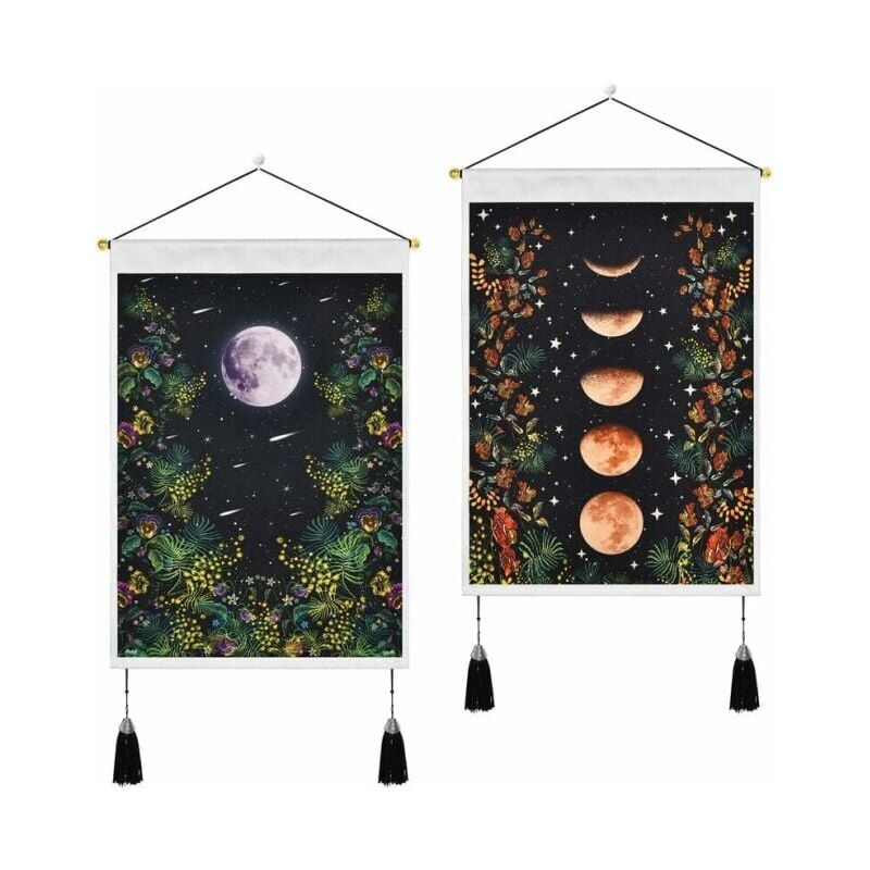 foto del prodotto arazzo da parete con nappa nera e luna, 35x50 cm, in cotone e lino, floreale, per la decorazione della casa, confezione da 2