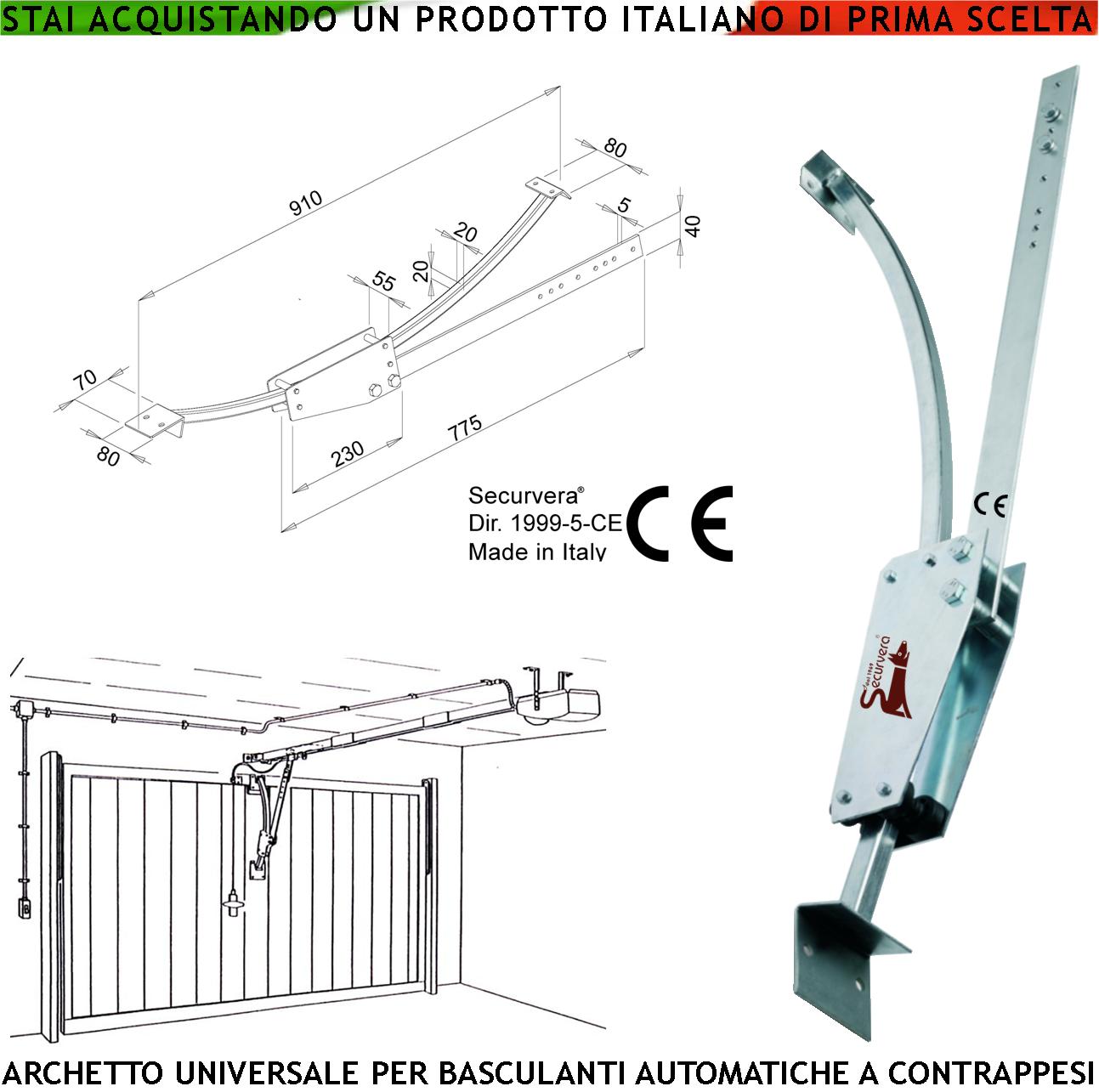 foto del prodotto archetto porte basculanti a contrappesi adattatore braccio oscillante per qualsiasi marca e tipo in acciaio zincato sopporta fino a 200 kg evita oscillazioni e flessioni laterali dimensioni l910xs80mm