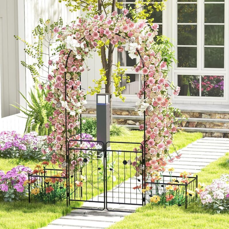 foto del prodotto arco da giardino con cancello bloccabile, arco a traliccio per rose rampicanti, fioriere leterali, decorazione giardino per matrimonio e patio