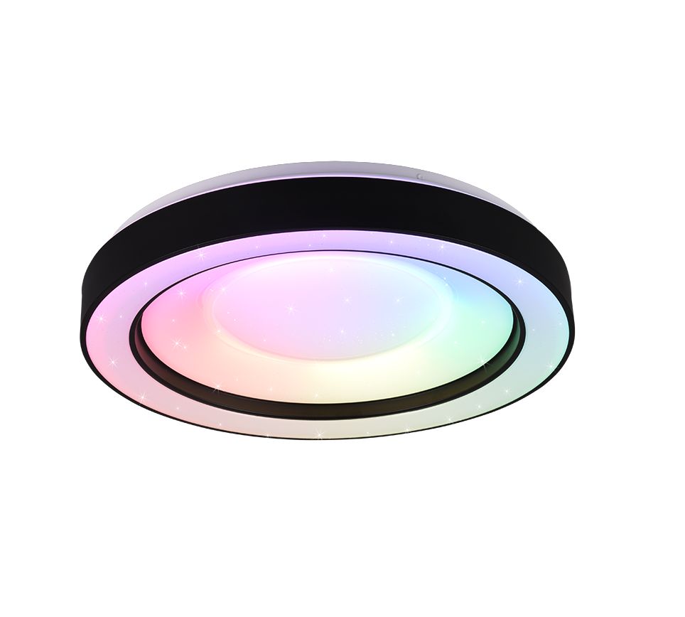 foto del prodotto arco plafoniera led 22w 2500lm, 2700 6000k diffusore bianco effetto stelle con bordo cromo rgb e telecomando multifunzione d.49cm dimmerabile