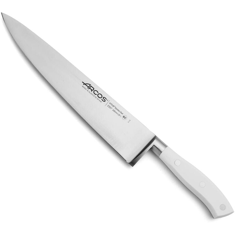foto del prodotto arcos coltello cuoco riviera blanc 233724 nitrum steel, con mango poliossimetilene e 25 cm lama in scatola.