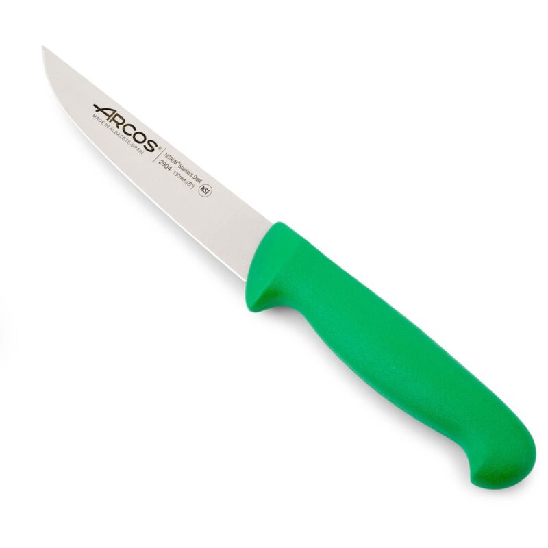foto del prodotto arcos coltello da cucina colore prof 290421 in acciaio inox nitrum e mango verde ergonomico polipropilene e lama 13 cm, coperchio del display