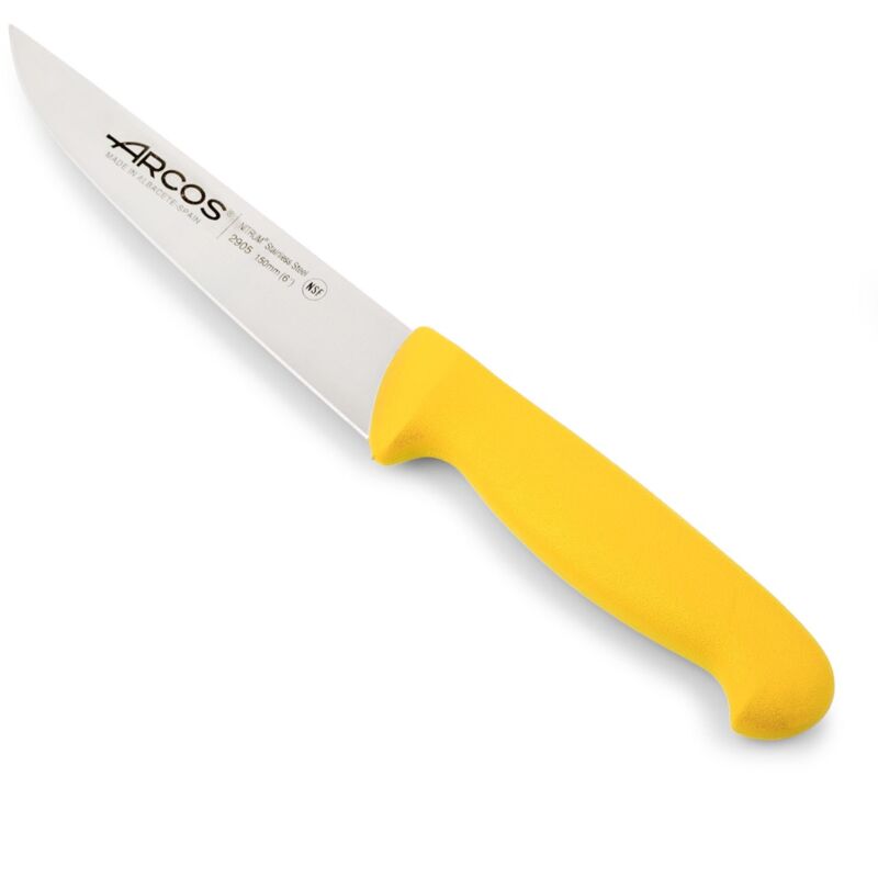 foto del prodotto arcos coltello da cucina colore prof 290500 in acciaio inox nitrum e mango ergonomico giallo polipropilene e lama 13 cm, coperchio del display