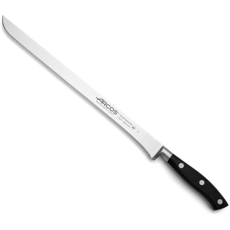 foto del prodotto arcos coltello da prosciutto riviera 231100 di nitrum steel, con mango di poliossimetilene e 30 cm di lama in valigetta.