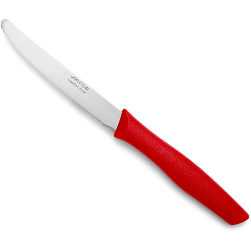 foto del prodotto arcos coltello da tavolo nova 188822 in acciaio inox nitrum e mango polipropilene, lama colore rosso 11 cm con coperchio e espositore