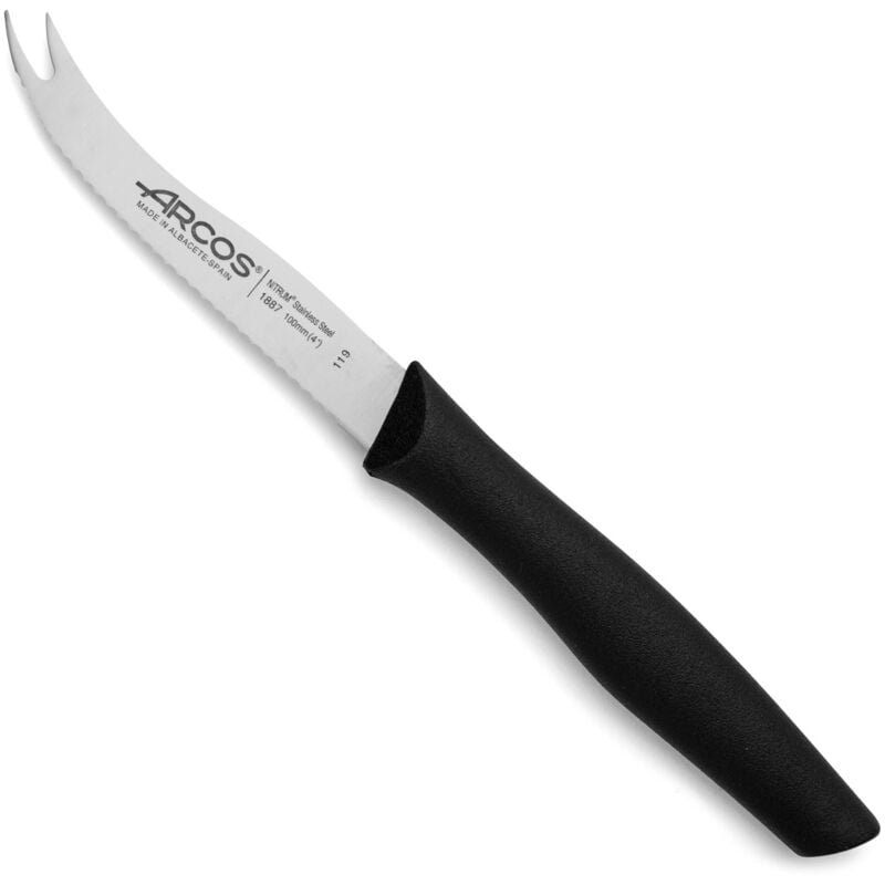 foto del prodotto arcos coltello per formaggio nova 188700 in acciaio inox nitrum e mango polipropilene, lama nera da 10,5 cm con coperchio e espositore.