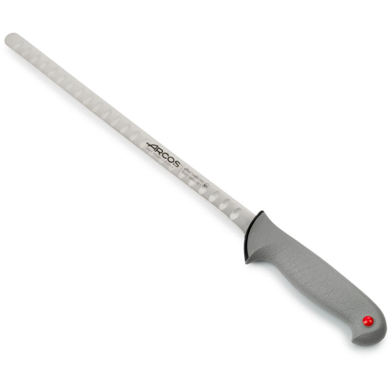 foto del prodotto arcos coltello per salmone colore prof 242700 in acciaio inox nitrum e mango polipropilene ergonomico e lama 30 cm, coperchio del display