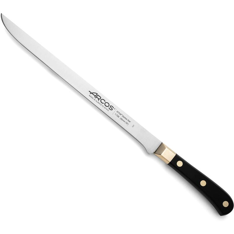foto del prodotto arcos serie regia, coltello prosciutto, lama acciaio inossidabile nitrum 250 mm, manico polioxymetilene pom , colore nero e oro